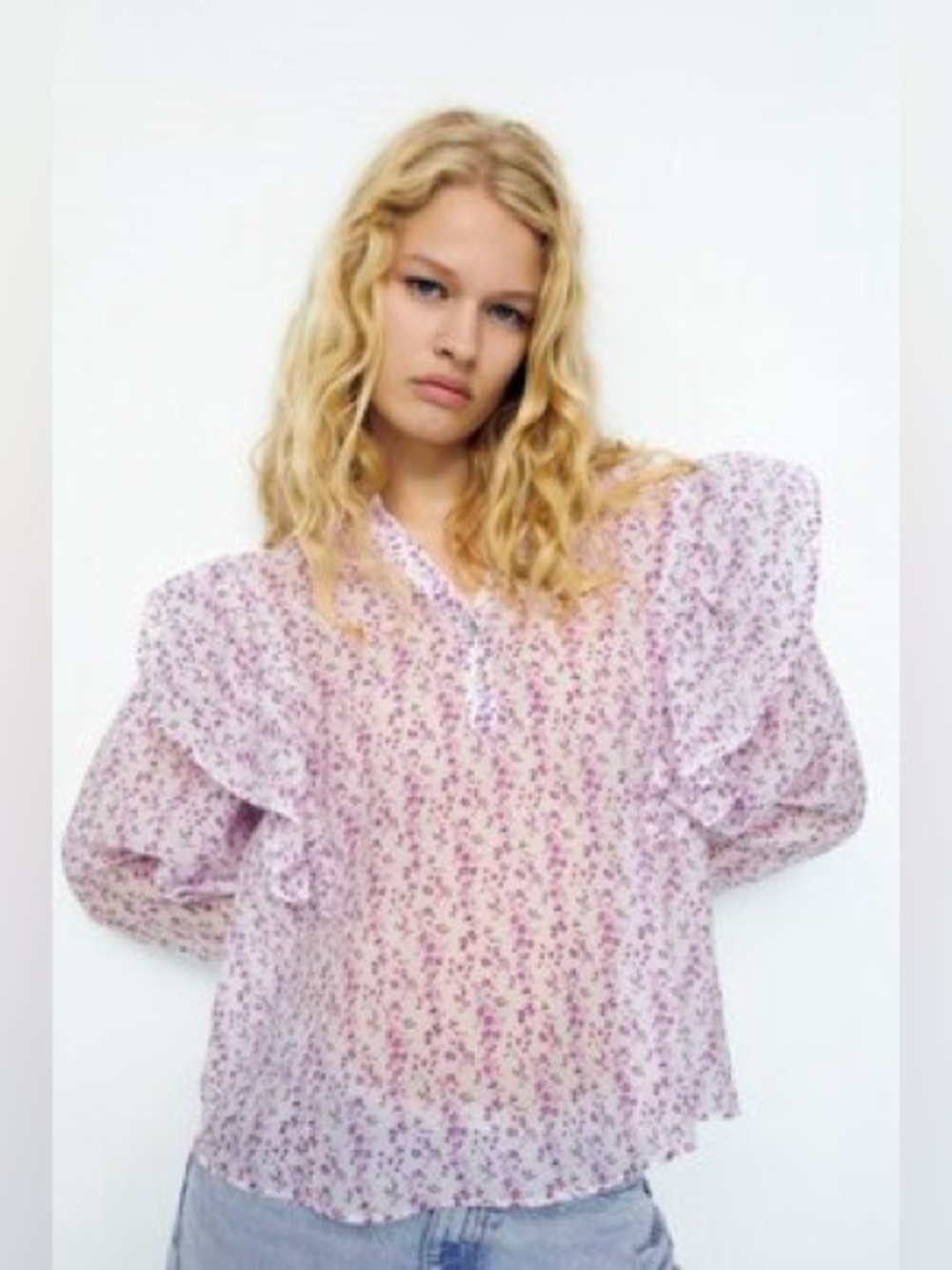 Zara Lavender Floral Ruffle Puff-Sleeve Blouse